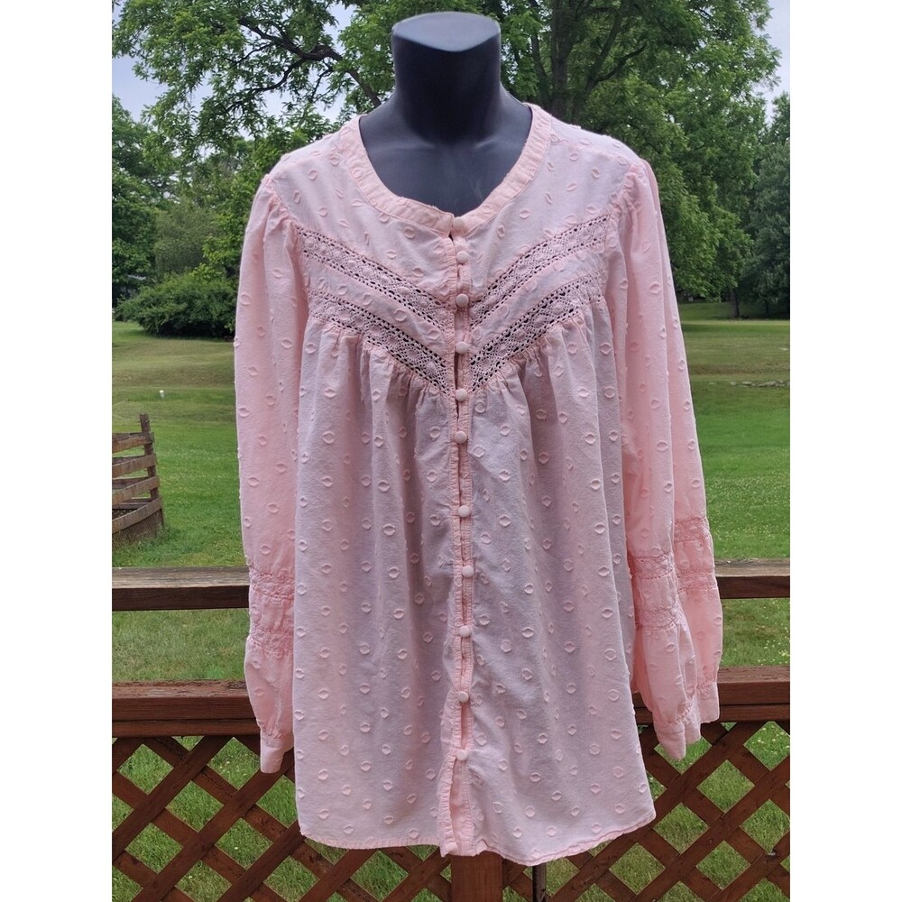 Torrid Light Pink Cottagecore Long Sleeve Cotton Floral Lace Trim Blouse Size 3